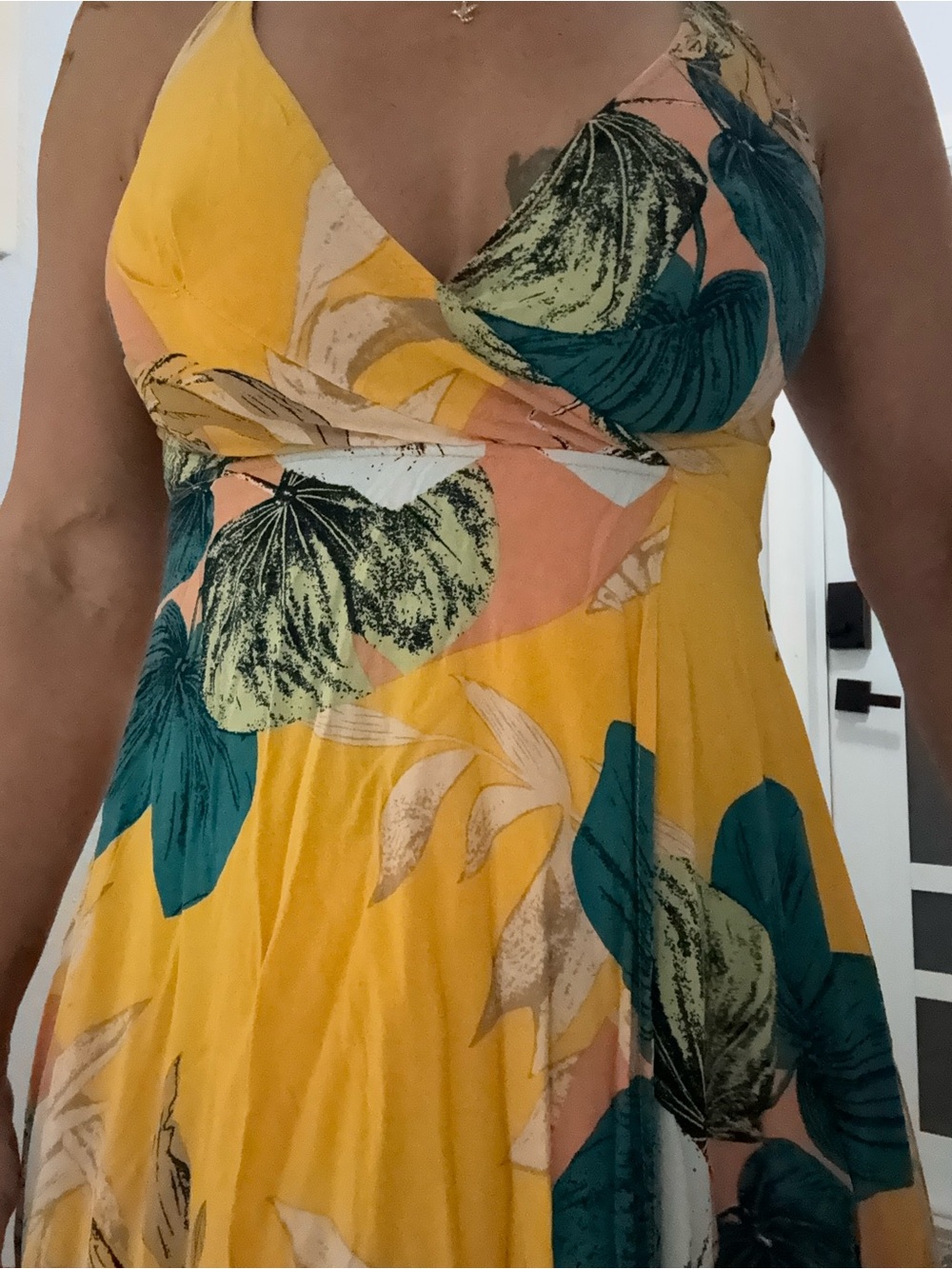 SHEIN Yellow Floral V-Neck Dress with Teal Leaf Print Sz M
